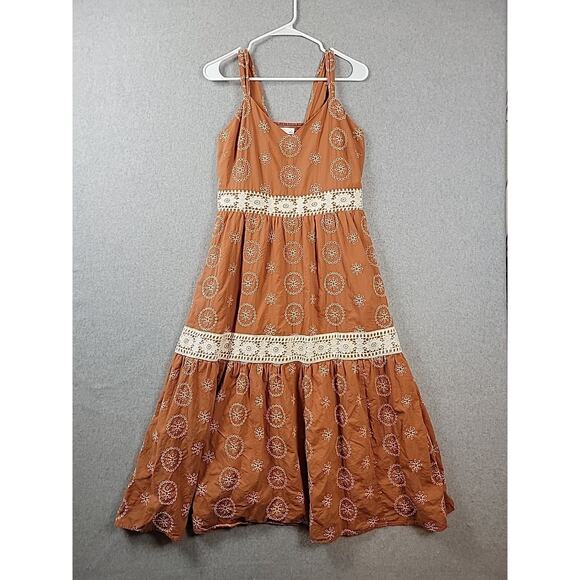 LC Lauren Conrad Rust Floral Eyelet Crochet Trim Maxi Dress Women's Large Lined - Picture 1 of 12